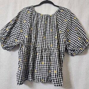 Old Navy Short Puff Sleeve Top Woms XL Gingham Embroidered Daises Boho Cottageco